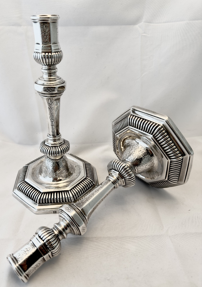 Paris 1718, paire de flambeaux Régence , Jacques -François Grebeude , argent massif-photo-6