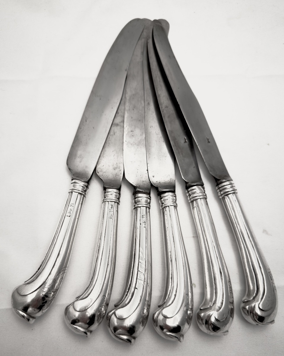 Ath 1782, Six Stock Knives, Clippele Family Solid Silver-photo-4
