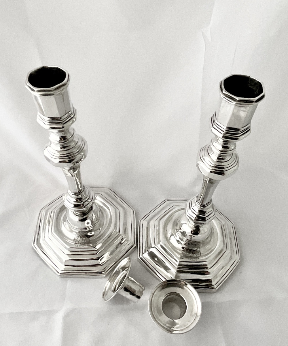 Rouen 1743-1745, argent massif , Jean-Baptiste Clavier, paire de flambeaux ou bougeoirs -photo-4