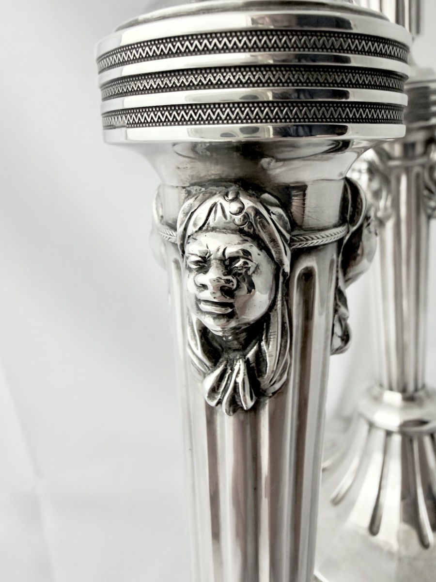 Kortrijk, 1814–1818, Pair Of Candlesticks With Mamluk Heads, Solid Silver, Silversmith Desmit 