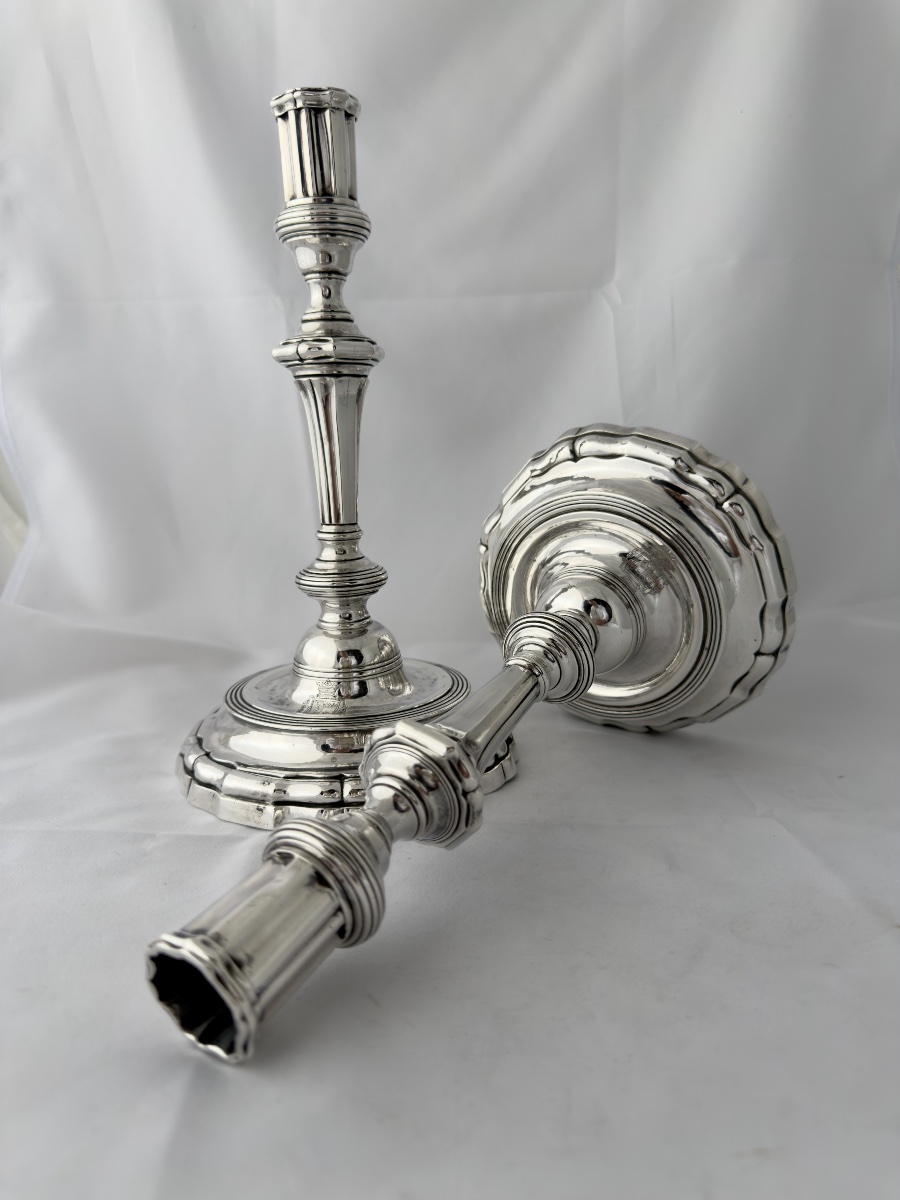 Vannes 1784, paire de flambeaux en argent massif, famille du Pérenno de Penvern, Persquen-photo-2