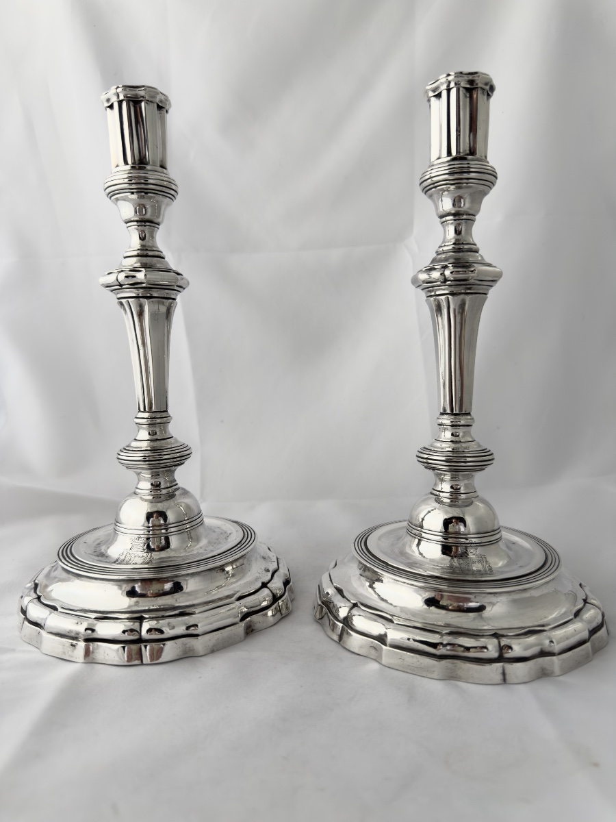Vannes 1784, paire de flambeaux en argent massif, famille du Pérenno de Penvern, Persquen-photo-3