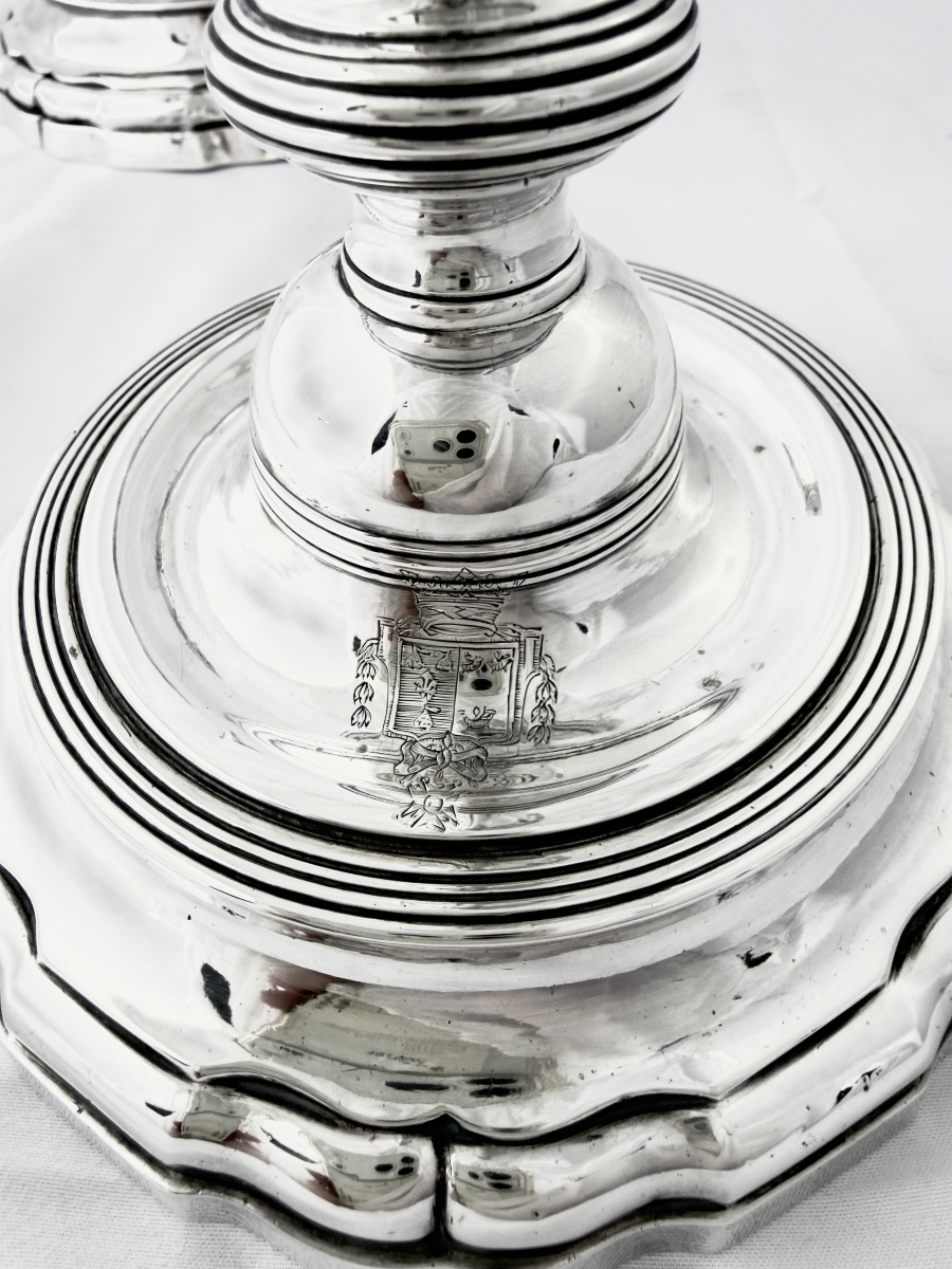 Vannes 1784, paire de flambeaux en argent massif, famille du Pérenno de Penvern, Persquen-photo-4