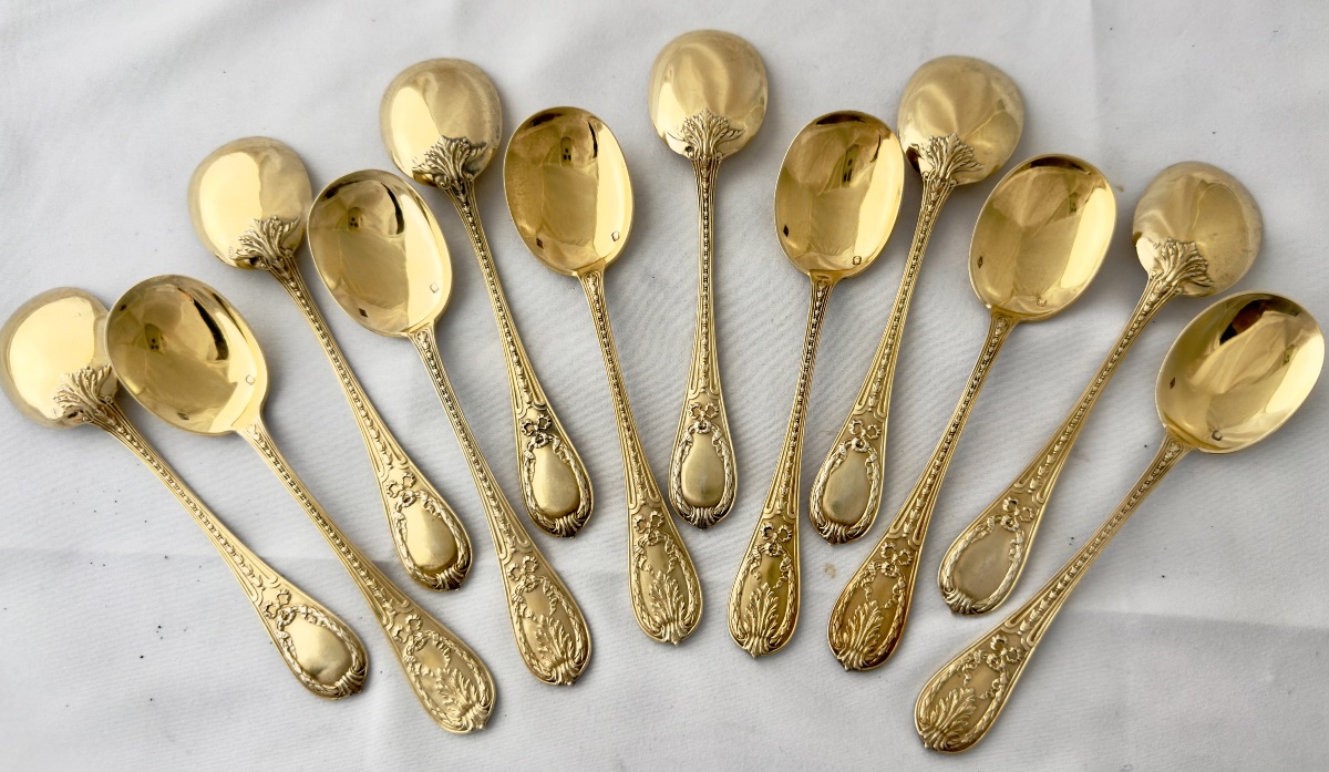 12 Solid Silver Ice Spoons, Boin-taburet, Paris, 1890–1910-photo-2