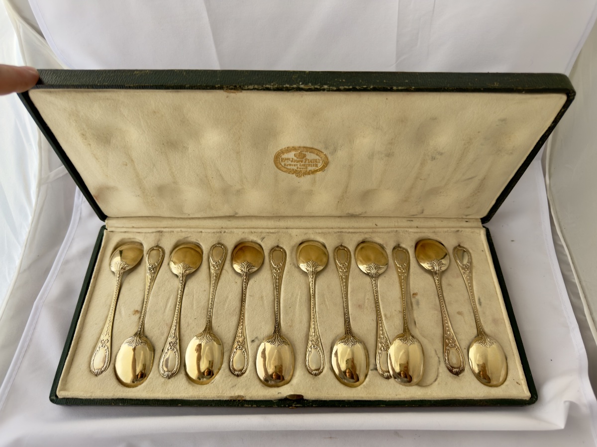12 Solid Silver Ice Spoons, Boin-taburet, Paris, 1890–1910-photo-3