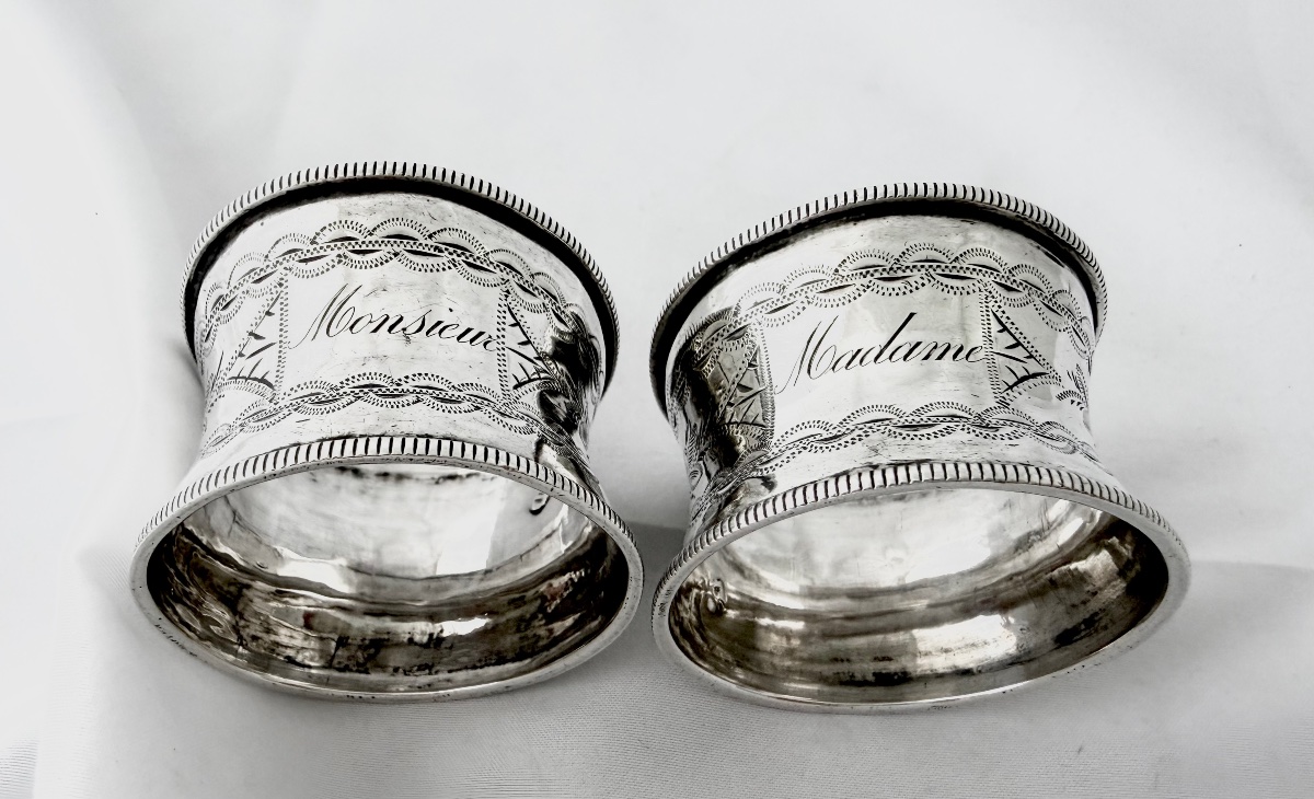 Paire de ronds de serviette en argent massif, France 1840-60 Madame Monsieur -photo-2