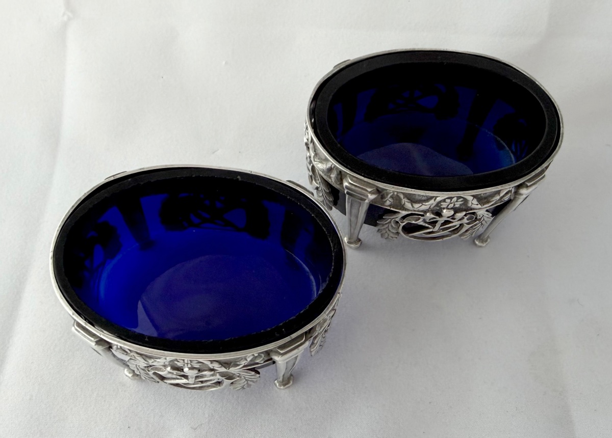 Mons 1791, paire de salières en argent massif et verre bleu, époque Louis XVI-photo-2