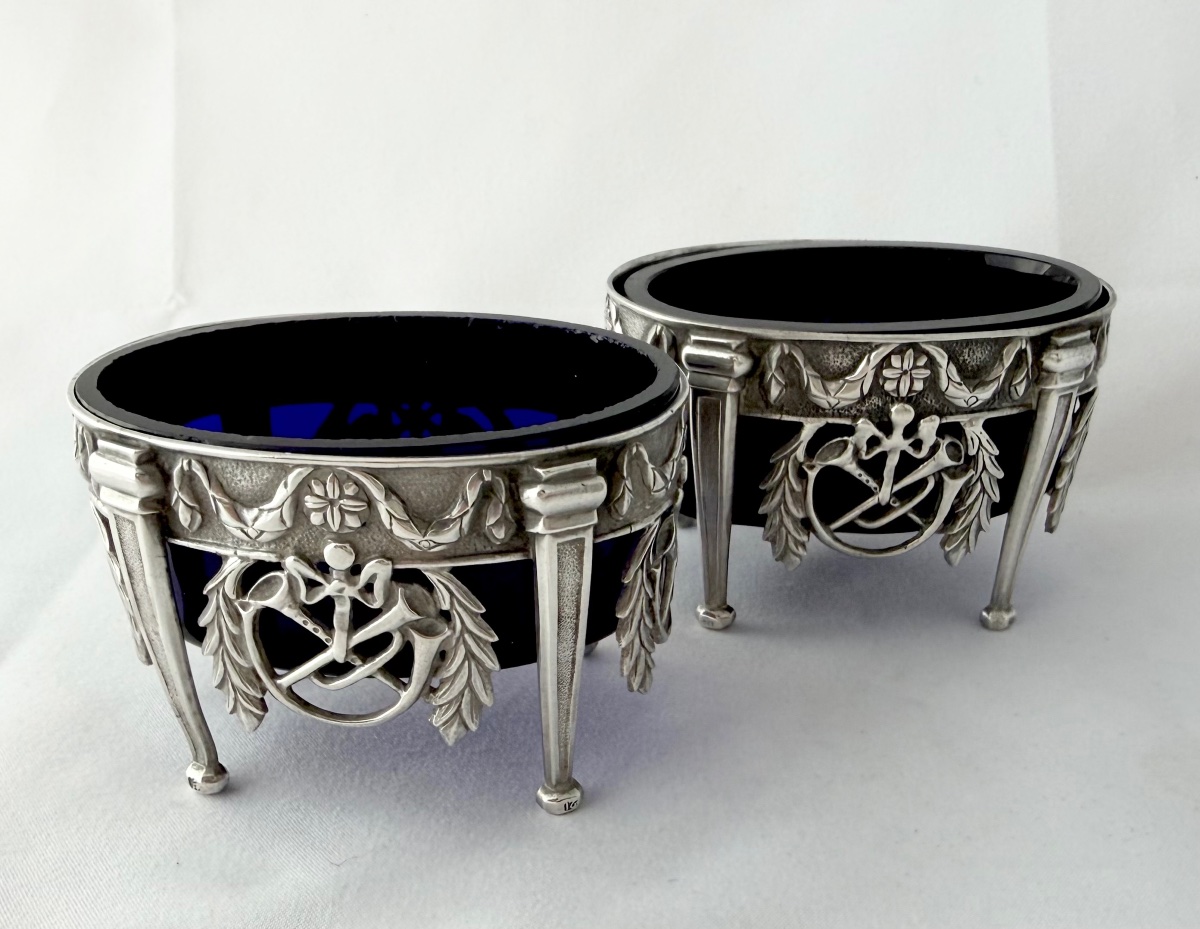Mons 1791, paire de salières en argent massif et verre bleu, époque Louis XVI-photo-1