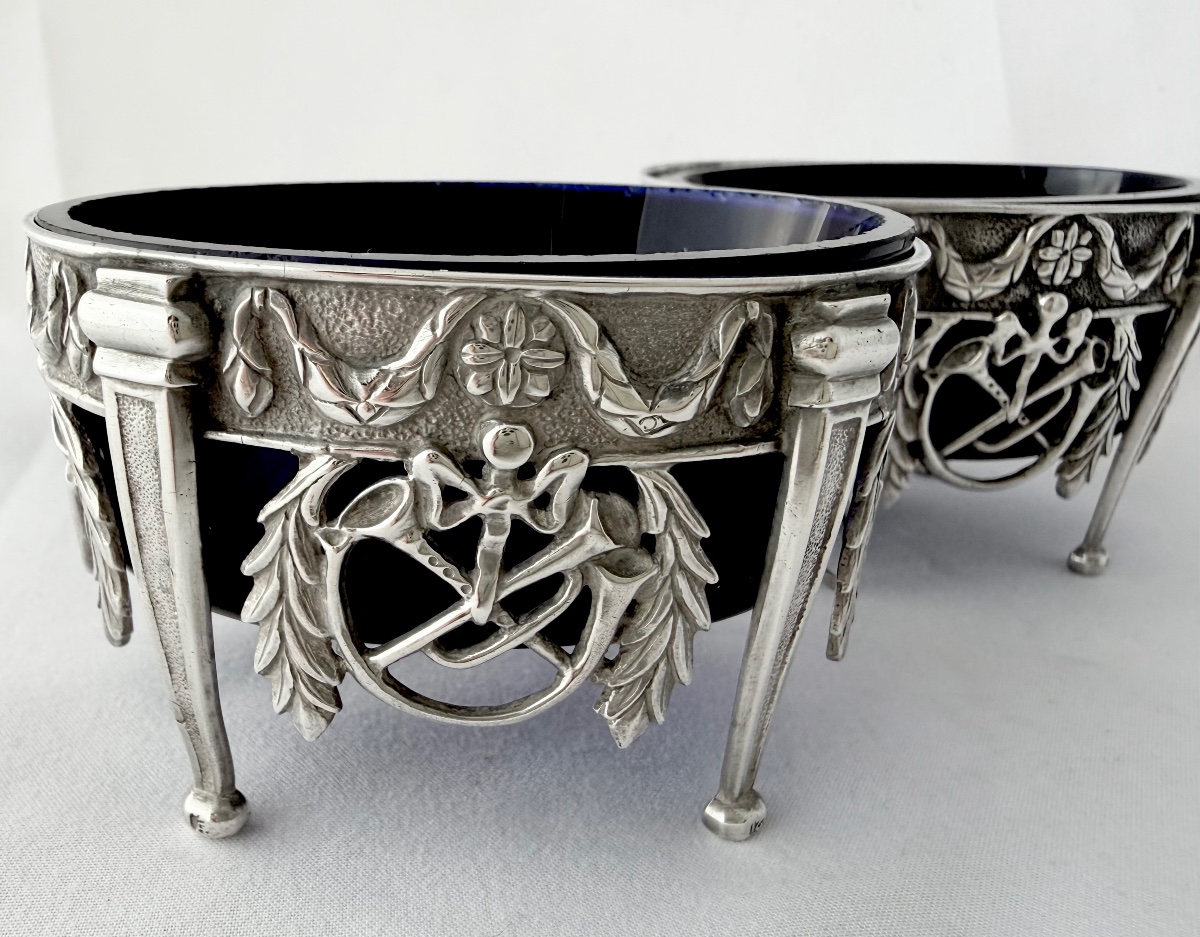 Mons 1791, paire de salières en argent massif et verre bleu, époque Louis XVI