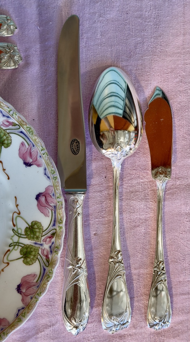 Ménagère Art Nouveau 12 personnes , » Iris « , Chauvin et Lacombe , Paris 1922-30 métal argenté-photo-4