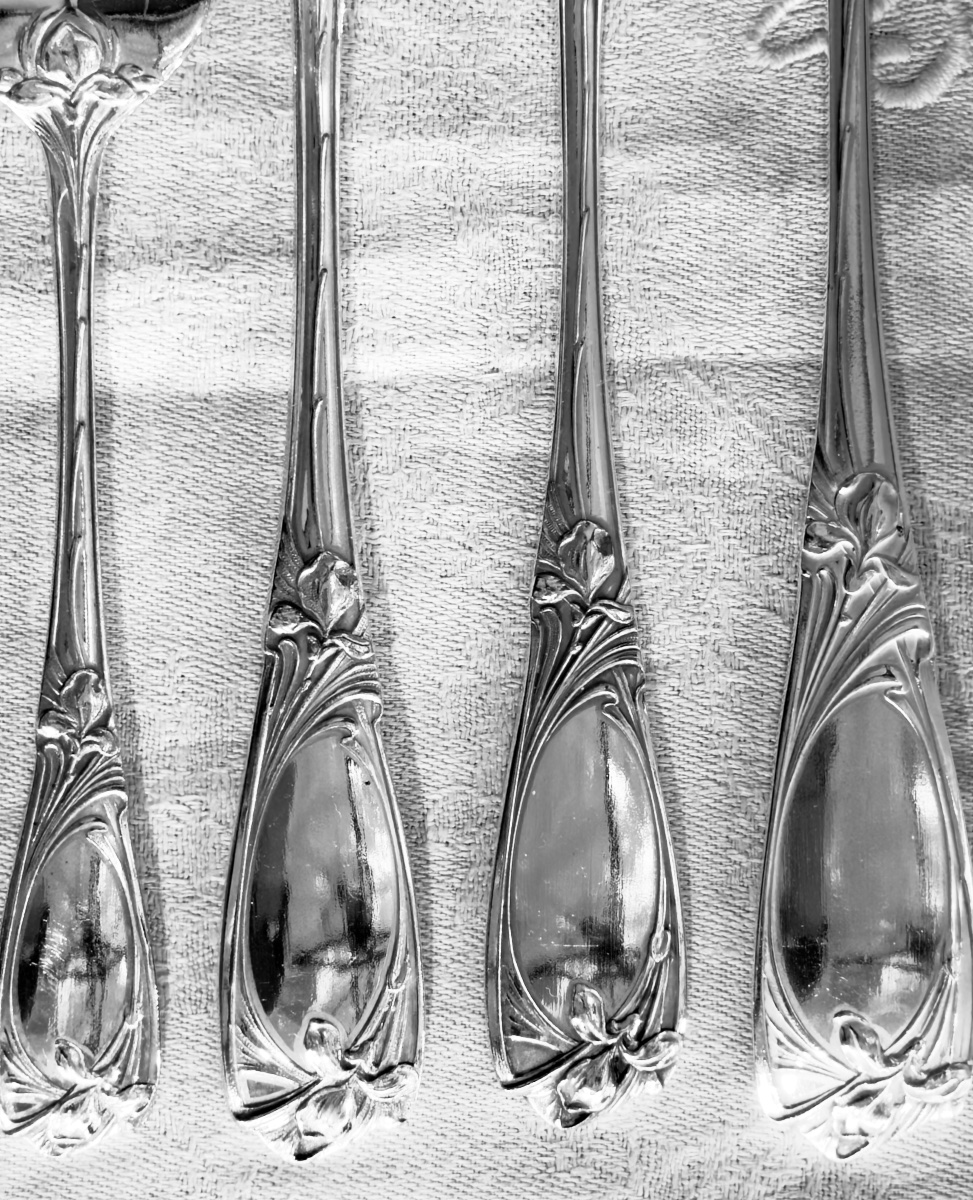 Ménagère Art Nouveau 12 personnes , » Iris « , Chauvin et Lacombe , Paris 1922-30 métal argenté-photo-7