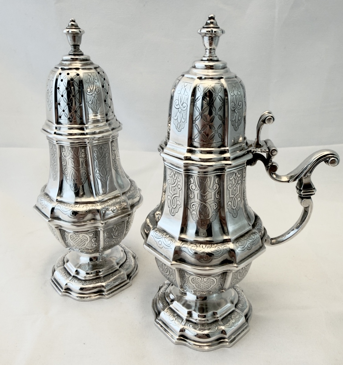 Mechelen 1744, saupoudroir et moutardier, argent massif, Malines, maître à l’ancre