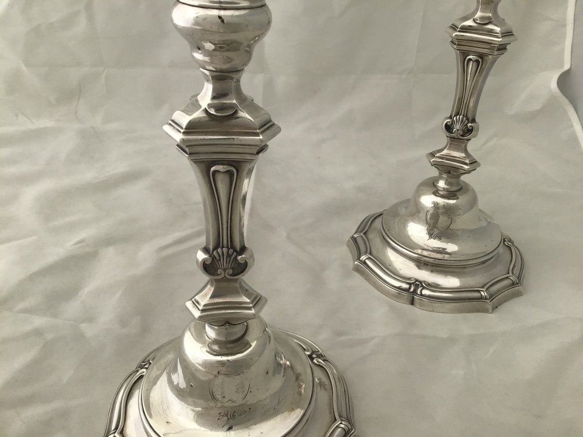 Pair Of Sterling Silver Candlesticks, Rennes 1762-photo-4