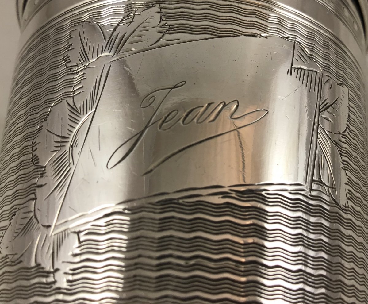 Beaker In Silver, Engraved “jean”, France 1870-1890, Guilloche, Silver Goblet-photo-2