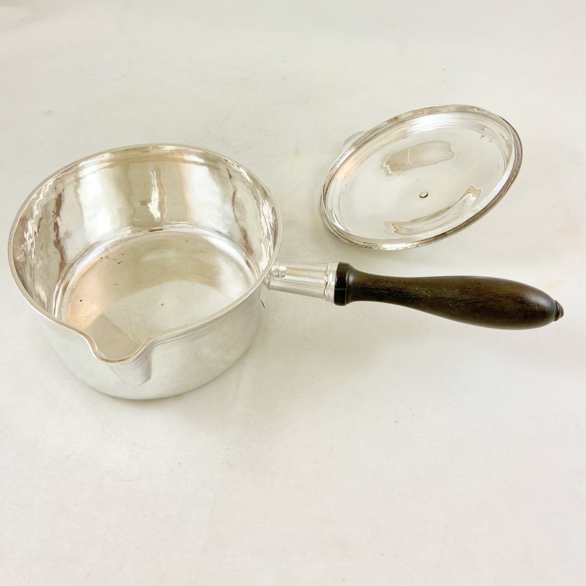 Casserole Couverte Napoleon III en Argent Massif et Ebène, France Vers 1850