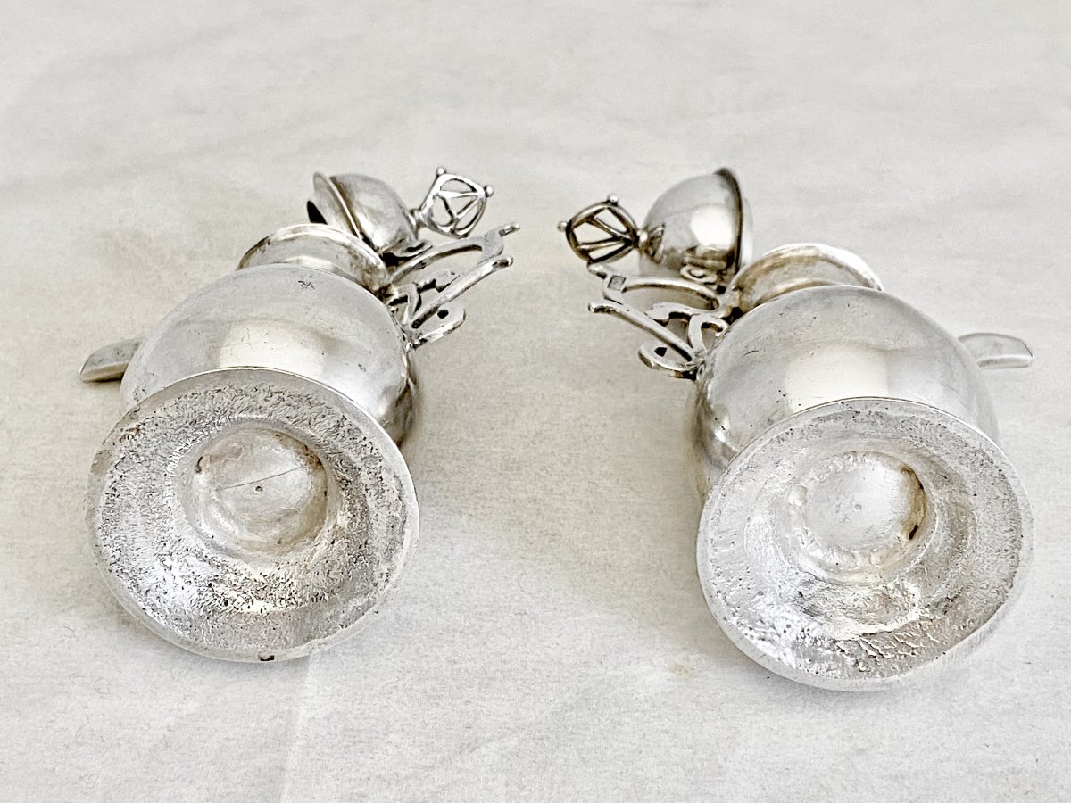 Pair Of Burettes, Spain 1680-1730, Sterling Silver, Silversmith Rosa, Pair Of Bulbs-photo-4