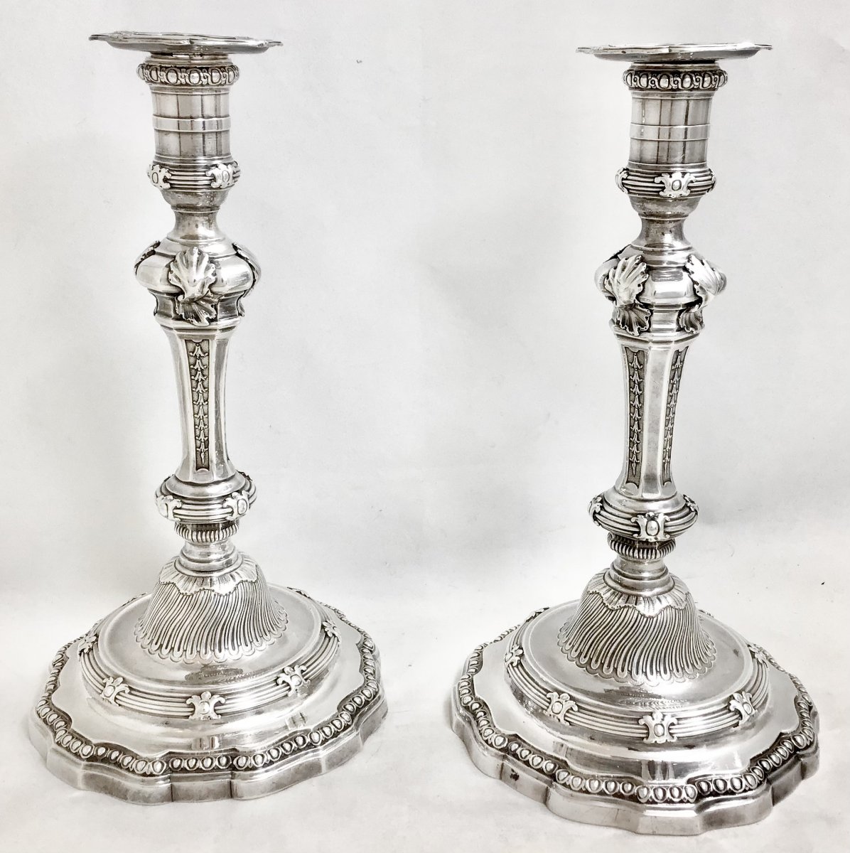 Paire De Flambeaux Louis XV, Alexis Loir , Paris 1752, Argent Massif -photo-2