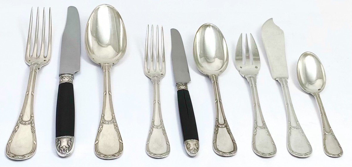 Ménagère Louis XVI Puiforcat, 108 Pièces Pour 12 , Argent Massif Et ébène -photo-4