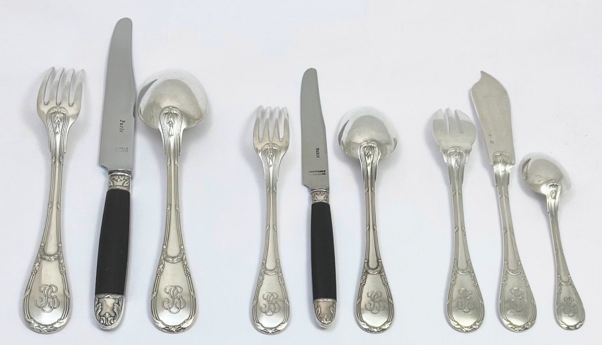 Ménagère Louis XVI Puiforcat, 108 Pièces Pour 12 , Argent Massif Et ébène -photo-2