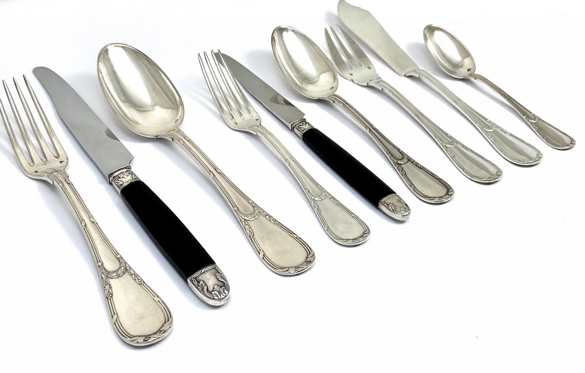 Ménagère Louis XVI Puiforcat, 108 Pièces Pour 12 , Argent Massif Et ébène -photo-8