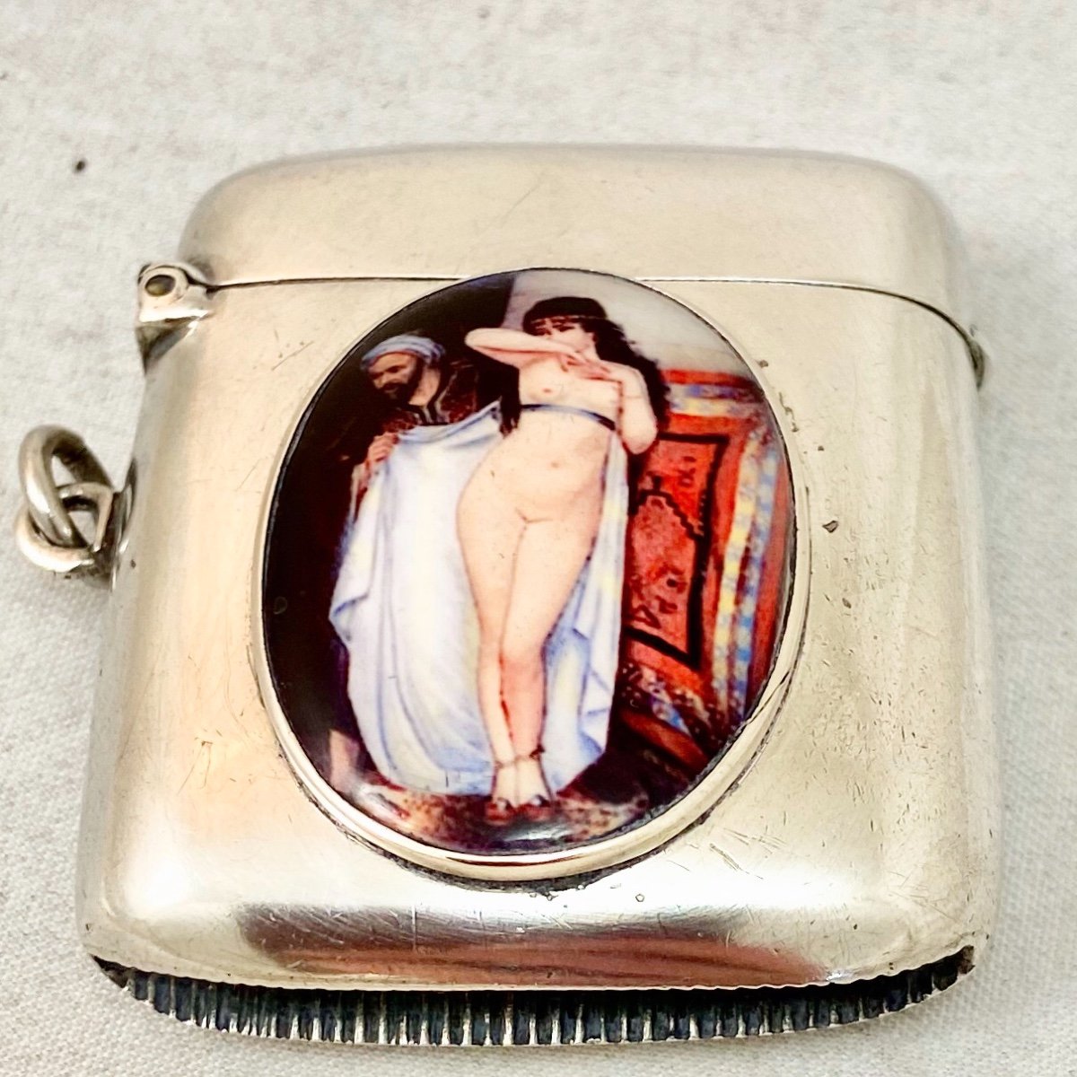 Vesta  Box , Enameled Silver, Erotic, Birmingham 1906-photo-4