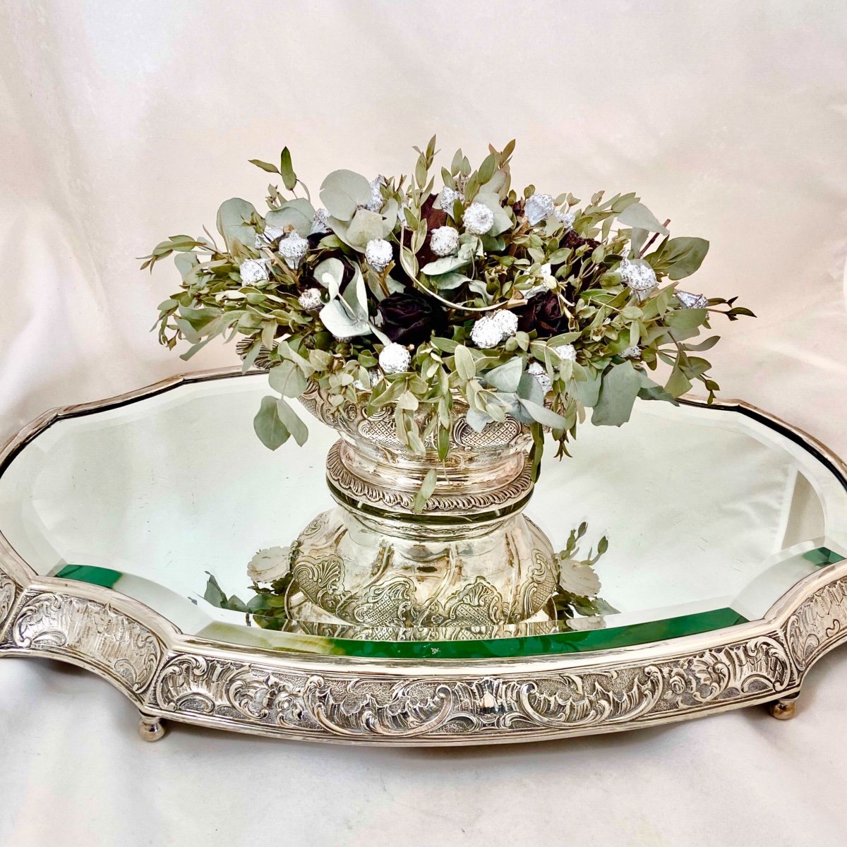 Table Mirror, Louis XV Style, Silver Metal Circa 1890, Table Center-photo-3
