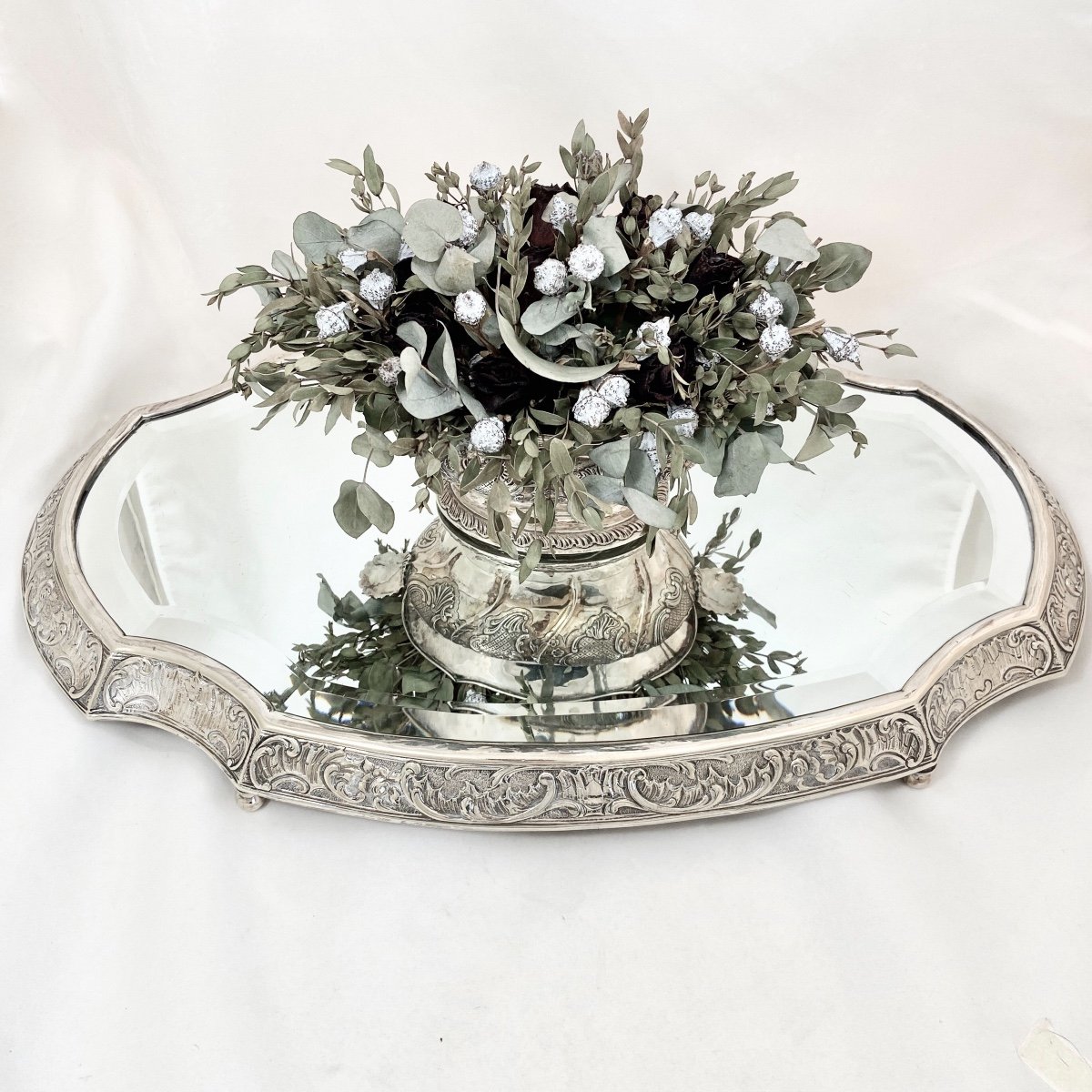 Table Mirror, Louis XV Style, Silver Metal Circa 1890, Table Center