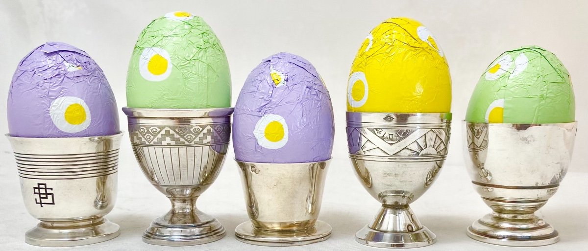 5 Coquetiers Art Déco En Argent Massif, France Début Vingtième Siècle -photo-2