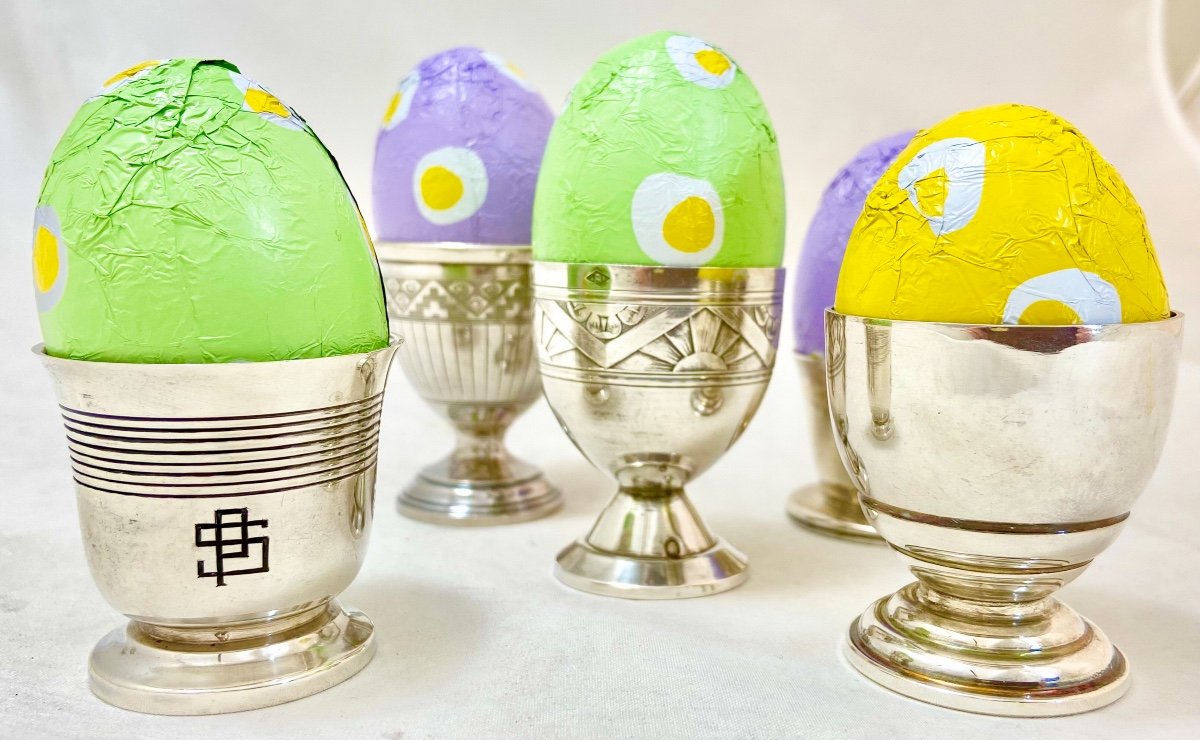 5 Coquetiers Art Déco En Argent Massif, France Début Vingtième Siècle -photo-3