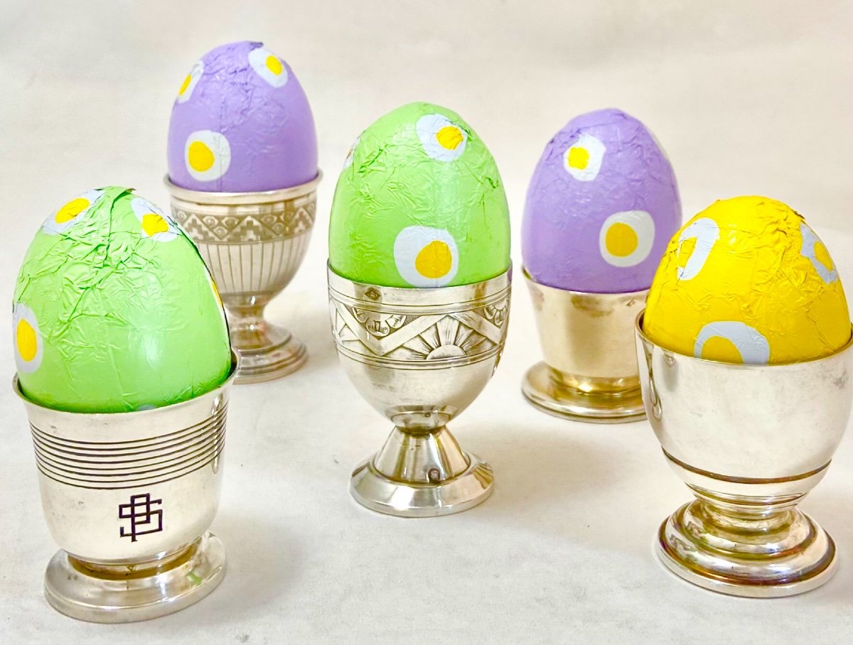 5 Coquetiers Art Déco En Argent Massif, France Début Vingtième Siècle 