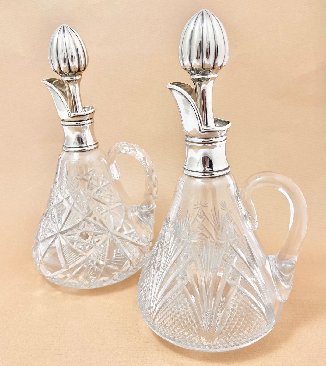 Pair Of Cristal And Sterling Silver Décanteurs ,france Circa 1890-1910
