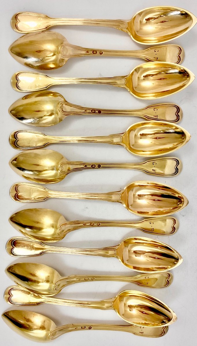 12 Empire Coffee Spoons, 1809-1819, Paris, Sterling Silver And Vermeil, Au Filet-photo-4