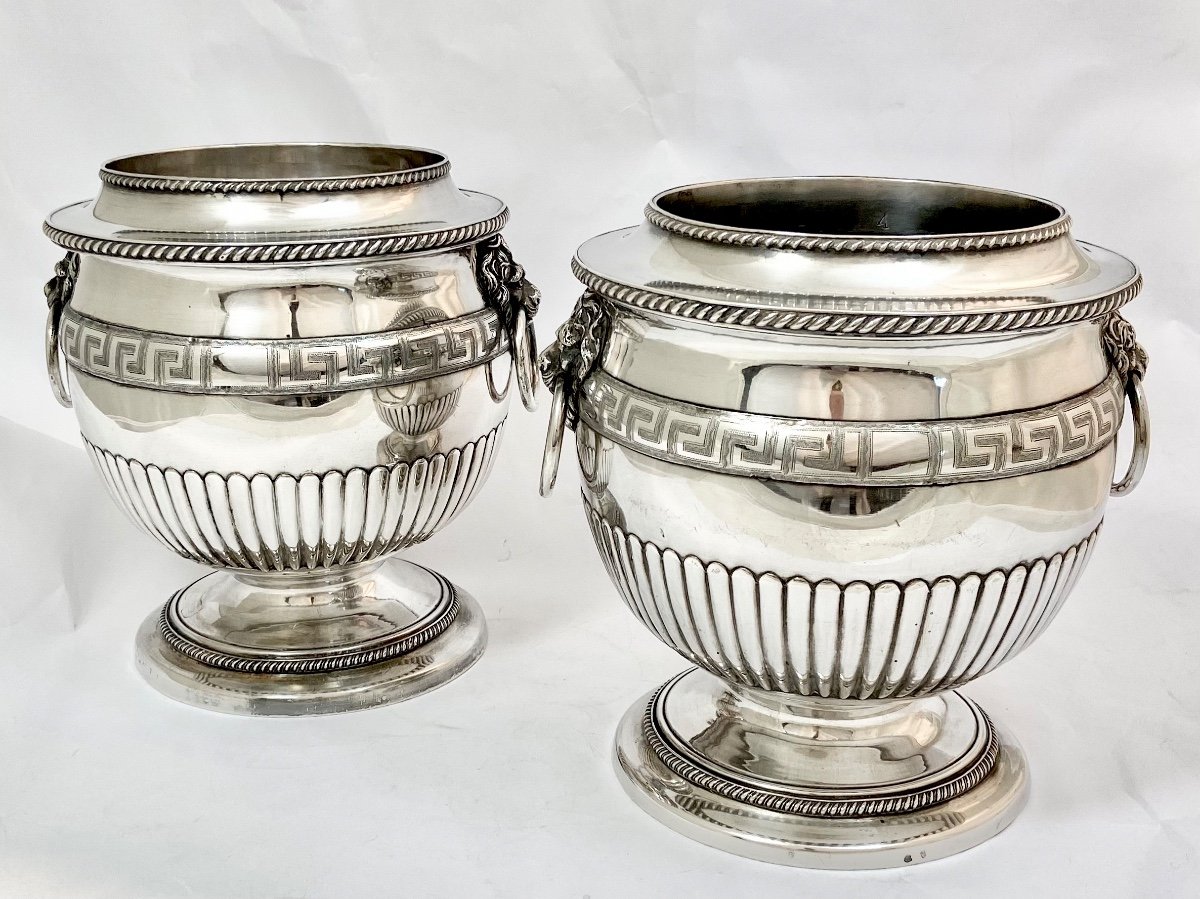 Paire De Rafraîchissoirs Charles X, Métal Argenté,  1820-40-photo-3