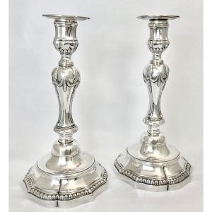 Lille 1782, Fr.-Joseph Baudoux, Paire De Flambeaux D’époque Louis XVI En Argent Massif 