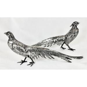 Pair Of Pheasants In Sterling Silver, 31 Cm,1940-'50ies