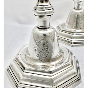 Dunkirk 1737, Pair Of Candlessterling Silver, “des Anges De Losven” Or “crabeels” Coat Of Arms