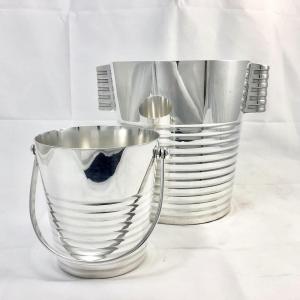 Champagne Bucket And Ice Bucket, Ondulations , Luc Lanel For Christofle, Silver Metal 