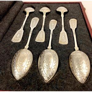 Moscow 1885, 6 Teaspoons In A Box, Sterling Silver 