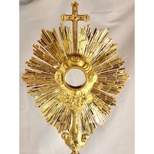 Argent massif et vermeil , France 1840-1860, Ostensoir soleil , monstrance 
