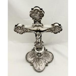 Neo-gothic Altar Cross In Sterling  Silver, Belgium Or Germany Circa 1880-1900