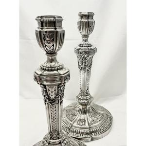 Paris 1776, argent massif , Jean-François Villemsens , paire de flambeaux Louis XVI 