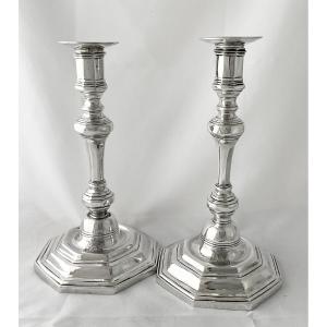 Rouen 1743-1745, argent massif , Jean-Baptiste Clavier, paire de flambeaux ou bougeoirs