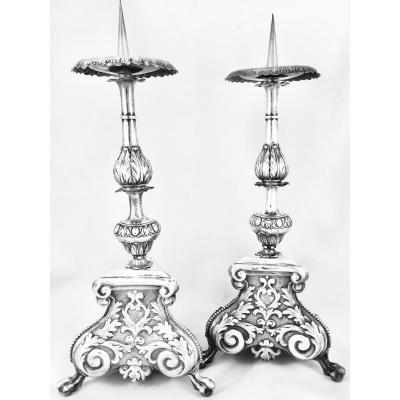 Pair Of Candlesticks In Sterling Silver , Etienne Astezan , Grenoble 1709-1714