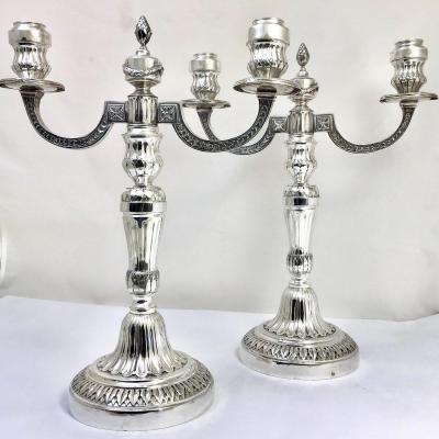 Paire Of Neoclassical Candelabra, Brussels 1794, Sterling Silver 