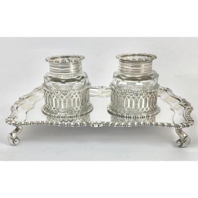 Double Encrier En Argent Massif Et Cristal Taillé, Londres 1895