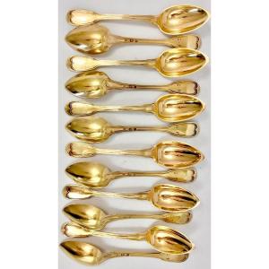 12 Empire Coffee Spoons, 1809-1819, Paris, Sterling Silver And Vermeil, Au Filet