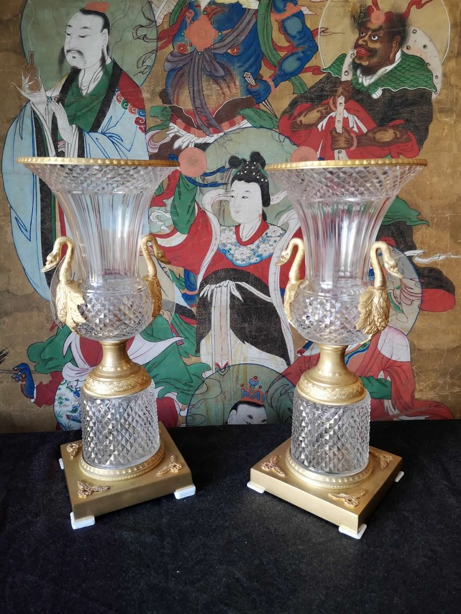 Pair Of Crystal And Bronze Vases