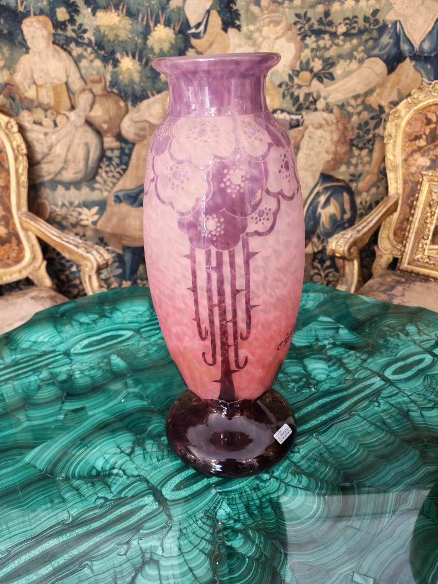 Large Etched Glass Vase By Le Verre Crancais-photo-2