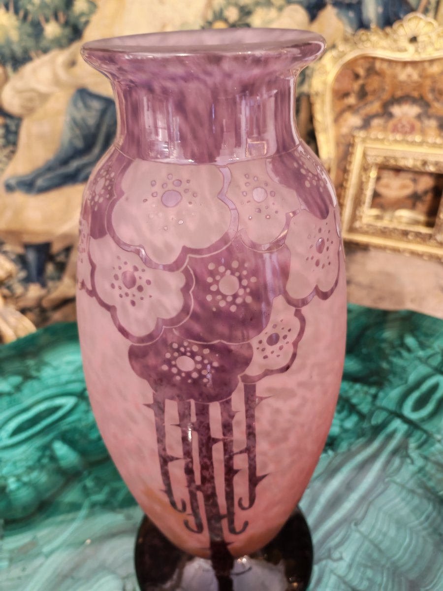 Large Etched Glass Vase By Le Verre Crancais-photo-3