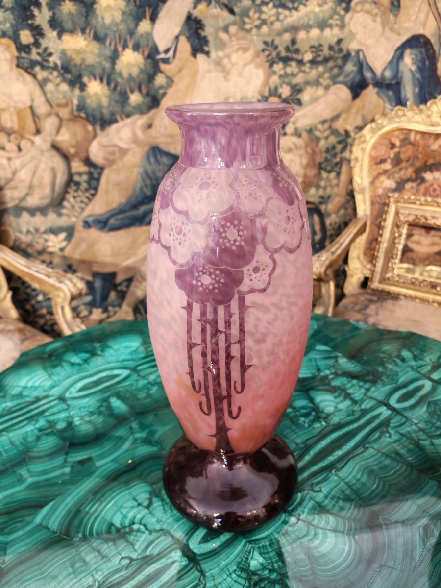 Large Etched Glass Vase By Le Verre Crancais-photo-3